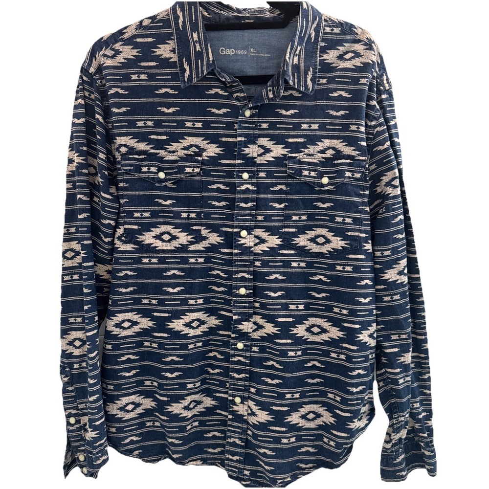 Gap Western Shirt Mens XL Blue Southwestern Pearl Snap Cotton L/S Cowboy Aztec